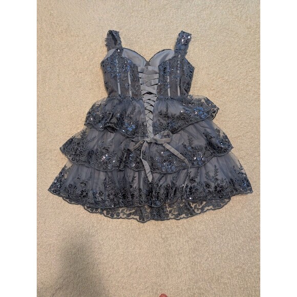 Corset Skater Tulle Lace Tiered Homecoming Dresses Milly Bridal Stormy Blue Gray - Picture 10 of 16